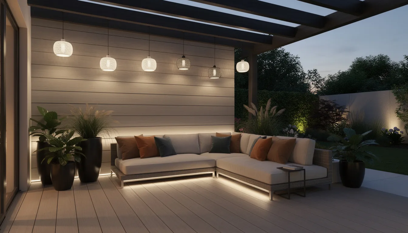 Een luxe veranda met wandpanelen, sfeervolle hanglampen en een comfortabele loungebank, omringd door grote plantenpotten, biedt een moderne uitstraling en is perfect geschikt voor jarenlang plezier in de buitenruimte. De strakke afwerking van de wandbekleding zorgt voor een stijlvolle oplossing die bestand is tegen diverse weersomstandigheden.