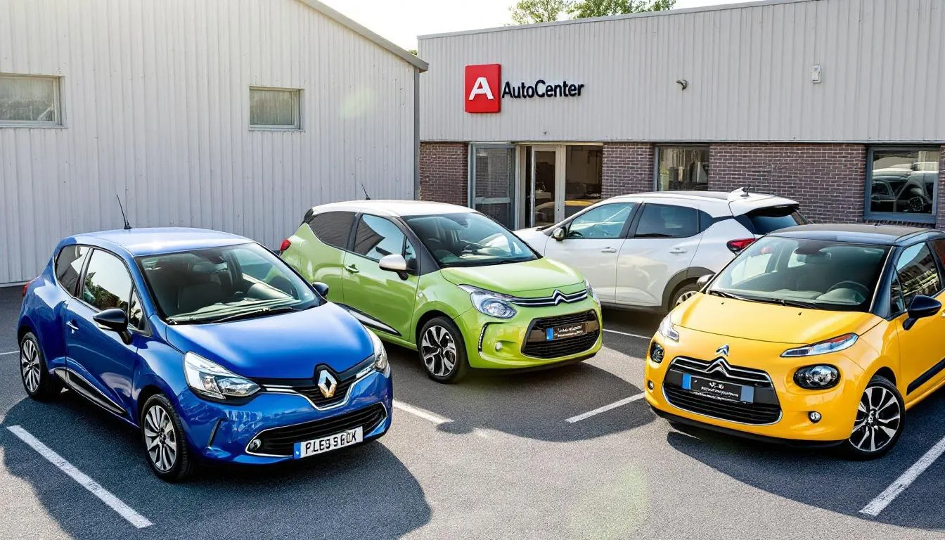 Op de afbeelding is een parkeerplaats te zien met verschillende Franse automerken, waaronder een Volkswagen. De voertuigen zijn voorzien van buitenlandse kentekenplaten en staan netjes gerangschikt, wat een overzichtelijke aanblik geeft van deze importauto's uit Frankrijk.