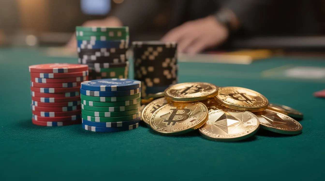 The image features a vibrant arrangement of colorful poker chips stacked neatly beside shiny cryptocurrency coins on a green felt table, creating a lively atmosphere reminiscent of non gamstop casinos. This setting highlights the blend of traditional gaming with modern digital currency, appealing to enthusiasts of both casino games and online gambling.