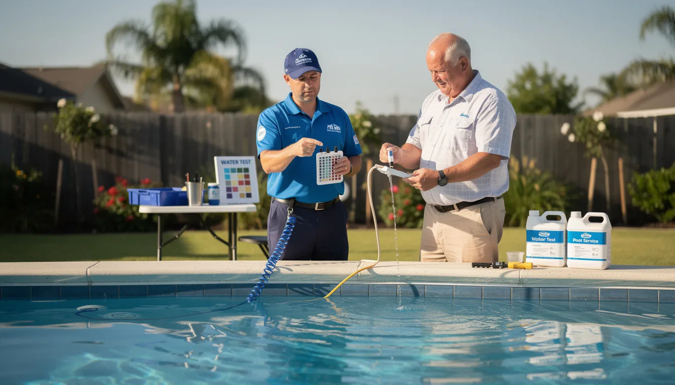 An engaged pool owner is using testing equipment while a professional service technician demonstrates the proper technique for maintaining pool water chemistry, ensuring the right balance of pool chemicals for optimal swimming pool maintenance. The scene highlights the importance of understanding water chemistry for residential pools to prevent issues like cloudy water and algae growth.