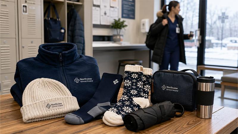 Winter Christmas gifts for nurses including fleece jackets, socks and insulated bottles for hospital commuting and healthcare staff