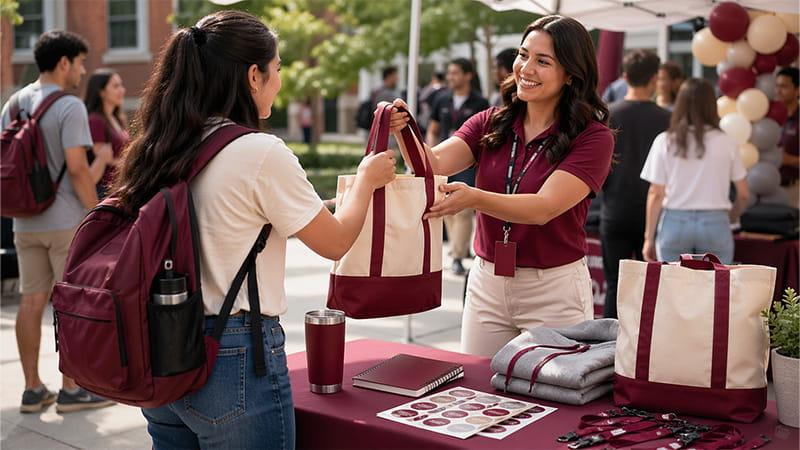 Student receiving a welcome kit with branded tote bag, drinkware, and notebook at a campus event, highlighting the thoughtful swag distribution for admitted students and online learners