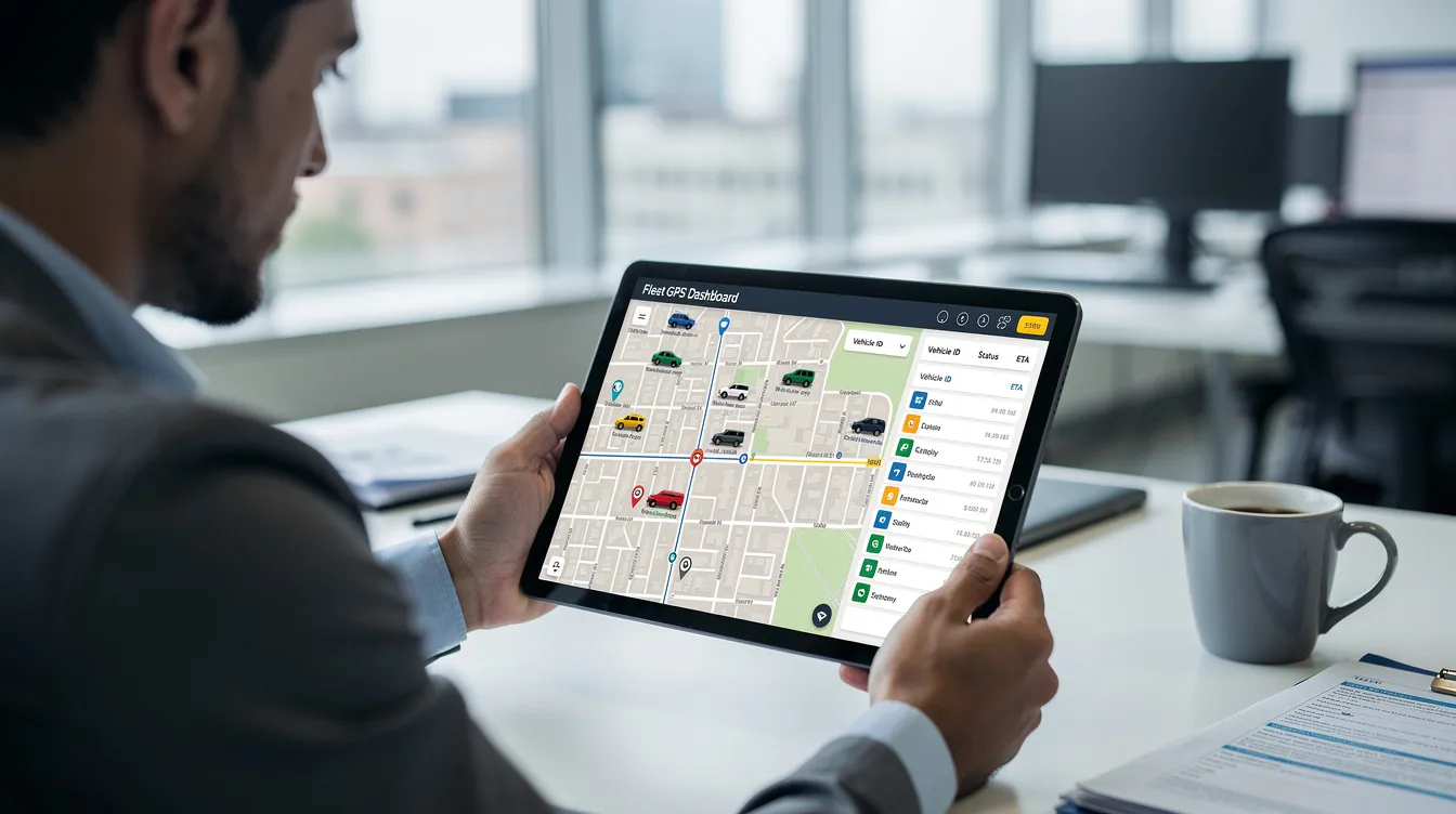 GPS Fleet Tracking System Installation:: A fleet manager is intently reviewing a GPS fleet tracking dashboard on a tablet, which displays real-time vehicle locations and route history of fleet vehicles. 
