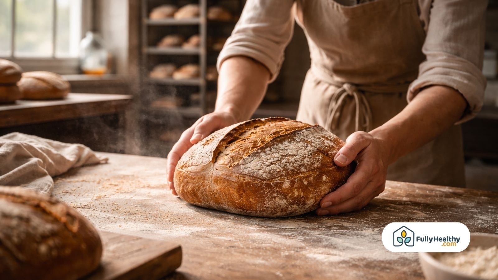 Artisan baker holding freshly baked sourdough loaf