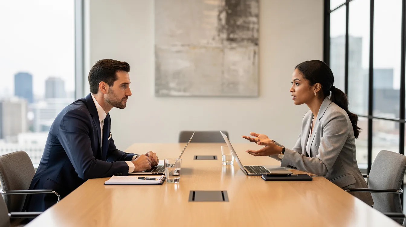The image depicts two professionals engaged in a focused conversation across a table in a well-lit modern meeting room, highlighting the importance of leadership coaching for senior leaders. This setting reflects a commitment to leadership development and effective communication, essential for driving organizational transformation and achieving business outcomes.