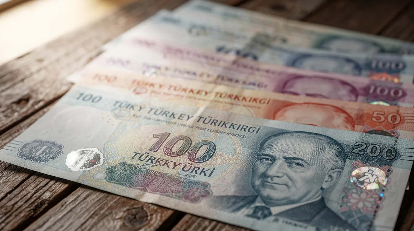 A close-up photograph showcases vibrant Turkish lira banknotes, fanned out on a wooden table, highlighting the official currency of Turkey. This colorful display illustrates the dynamic nature of currency exchange, important for travelers looking to buy Turkish lira or use euros in Turkey.