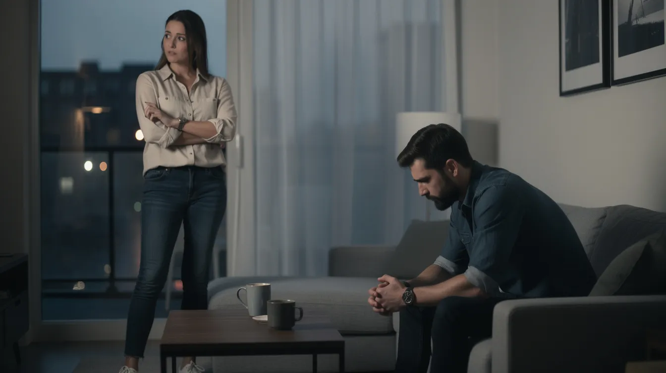 The image depicts a couple sitting across from each other, visibly distressed as they discuss their decision to break up, highlighting the emotional turmoil involved in the divorce process. This scene reflects the serious trouble in their relationship and the need for professional help, as they navigate their next steps in a life-altering decision.