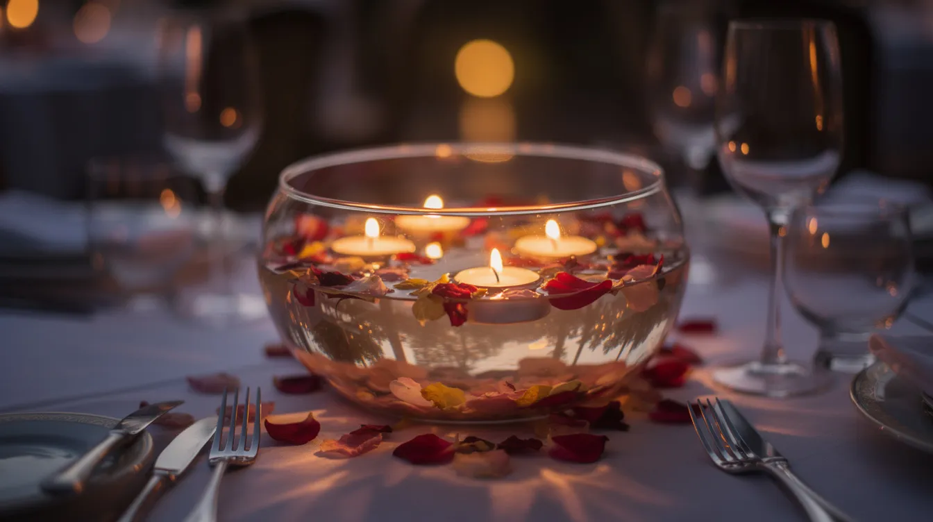 Een mooie glazen schaal gevuld met drijfkaarsjes en losse bloemblaadjes staat centraal op een gedekte tafel, verlicht door het warme avondlicht. Deze decoratieve schaal creëert een sfeervolle ambiance en is een echte eyecatcher in het interieur.