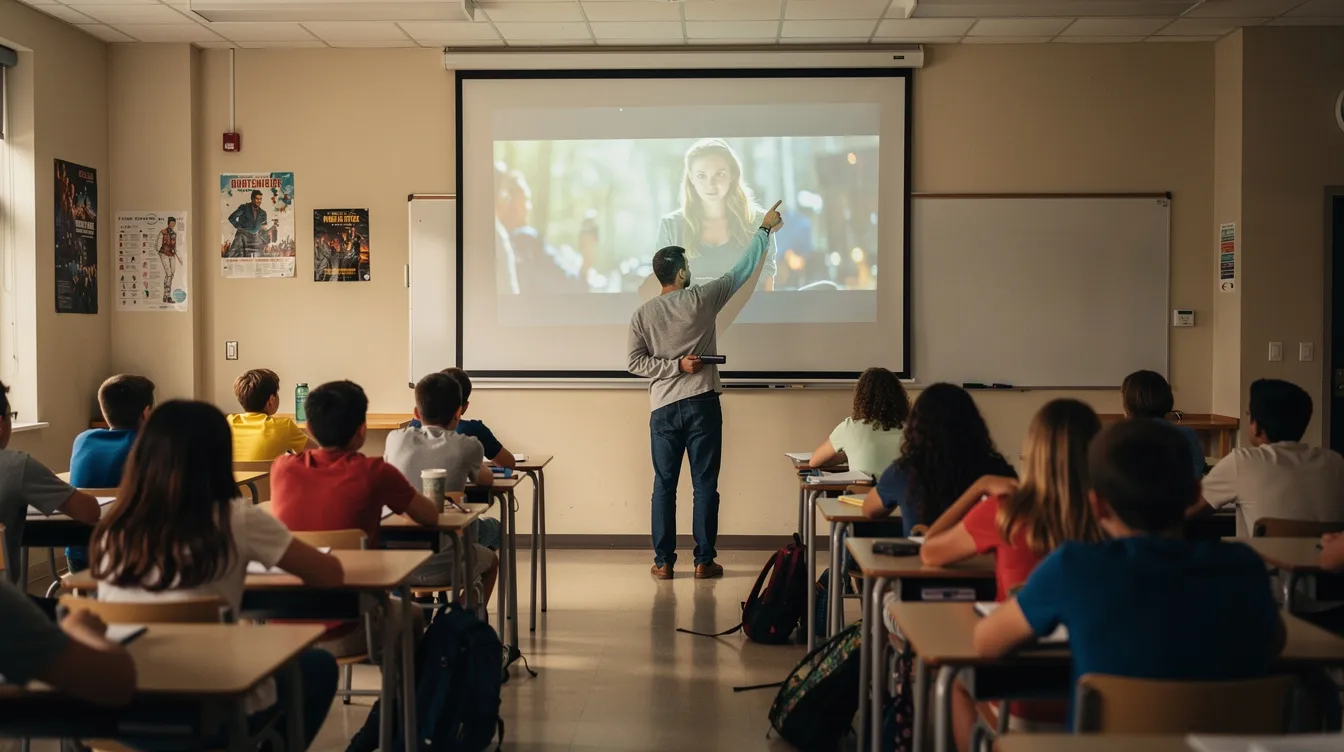 Eine Lehrkraft steht vor einer Leinwand in einem Klassenzimmer und zeigt auf eine Filmszene aus "3 Idiots", während die Schüler aufmerksam in Reihen sitzen und sich mit der Filmanalyse und den Themen des Films auseinandersetzen. Die Atmosphäre ist konzentriert und fördert die Diskussion über die Handlung und die Charaktere des Films.