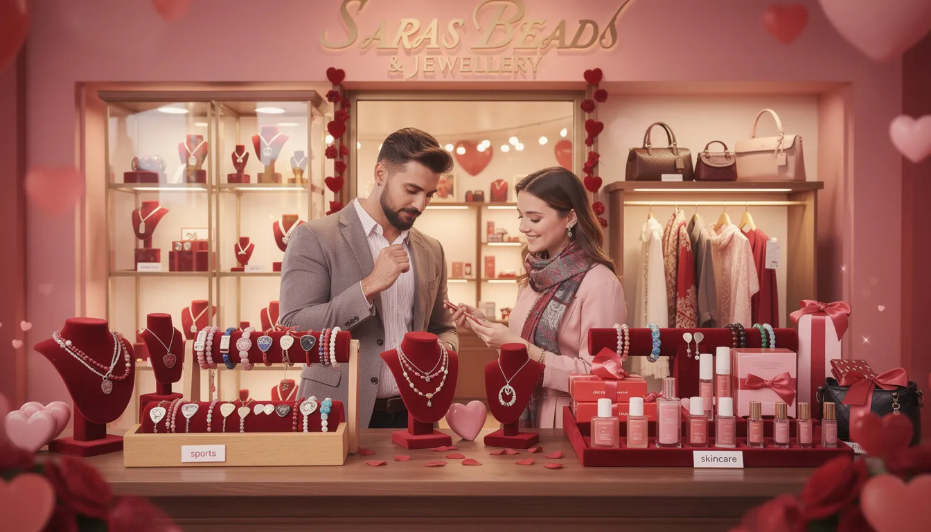 The image showcases a beautifully arranged display of Valentine's Day gift ideas from Saras Beads & Jewellery, featuring elegant scarves, stylish bags, and luxurious beauty products, perfect for impressing your special someone. It captures the essence of thoughtful gifting, ideal for celebrating love on this special day.