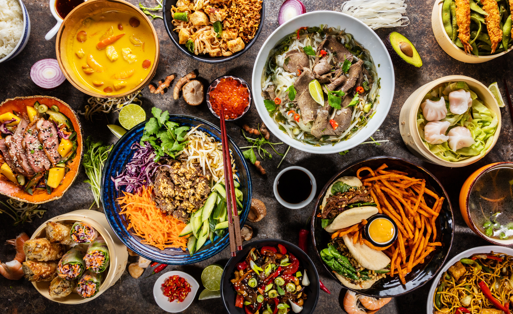 Assortment of colorful and flavorful Thai dishes