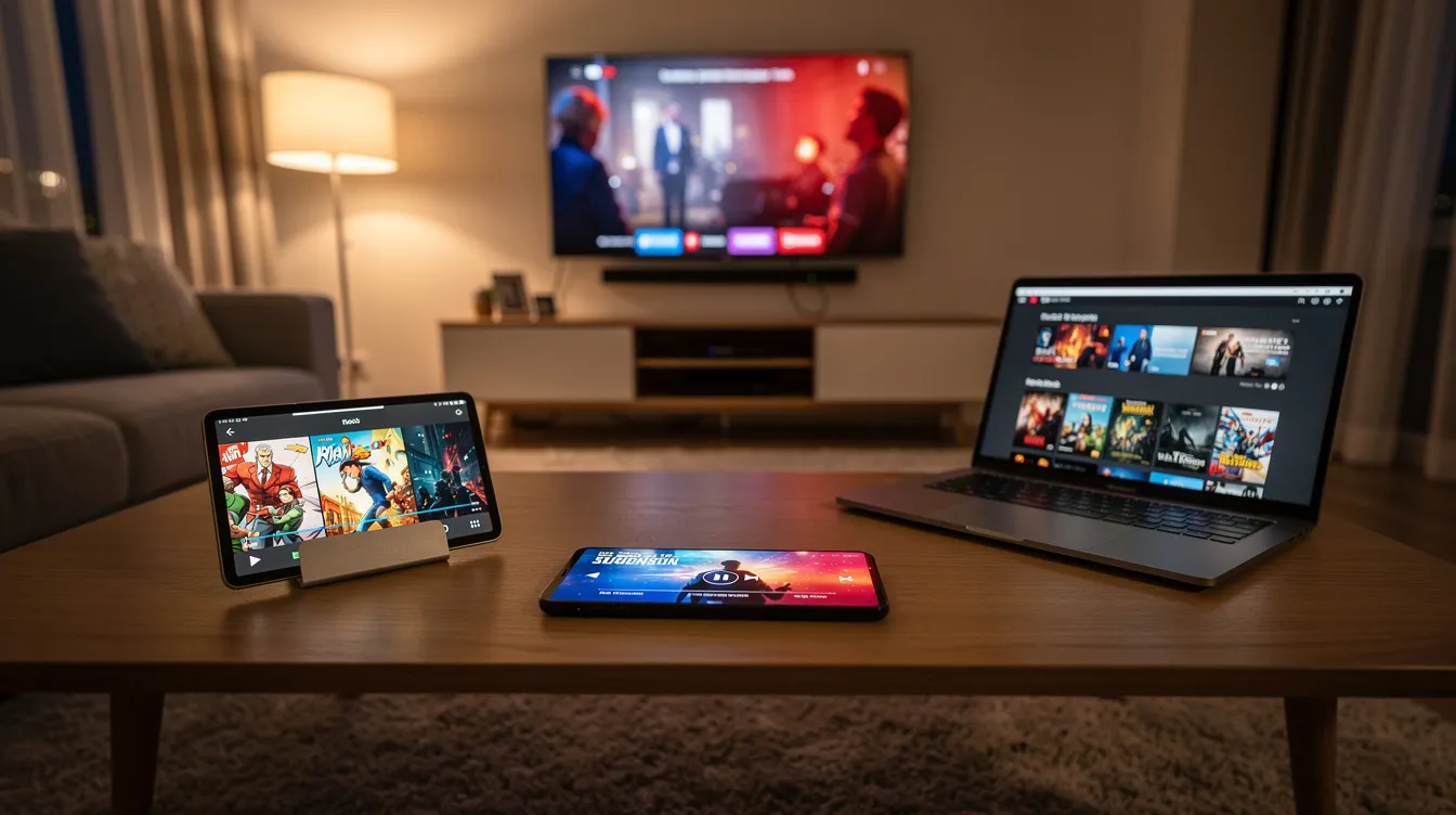 The image shows a home setting with multiple devices, including a smartphone, tablet, laptop, and smart TV, each displaying different streaming content. This setup highlights the convenience of IPTV services, allowing users to enjoy a variety of live TV channels and on-demand content across multiple platforms.