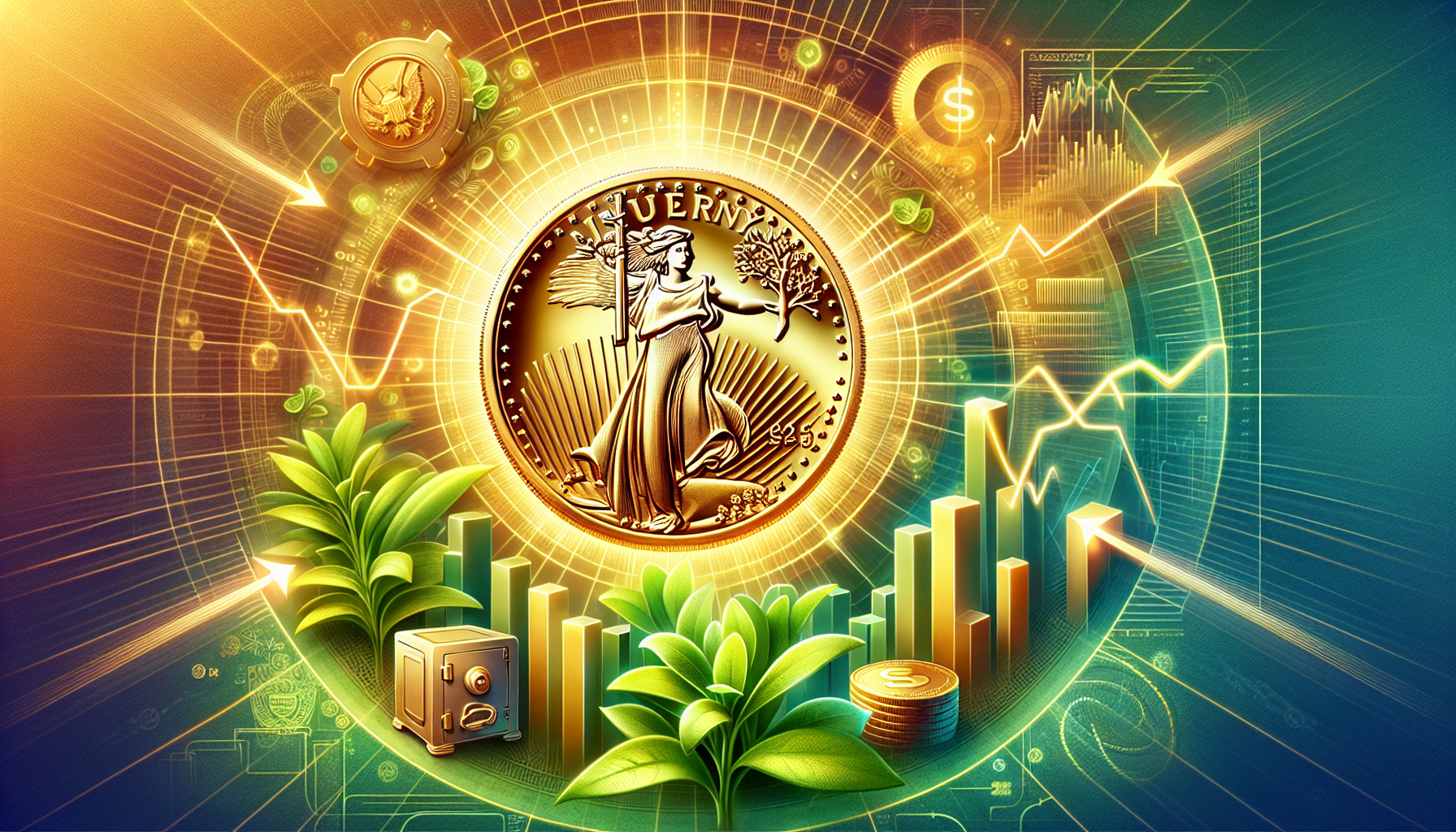 Benefits of investing in 1/10 oz Gold Eagles illustrated with various financial symbols.