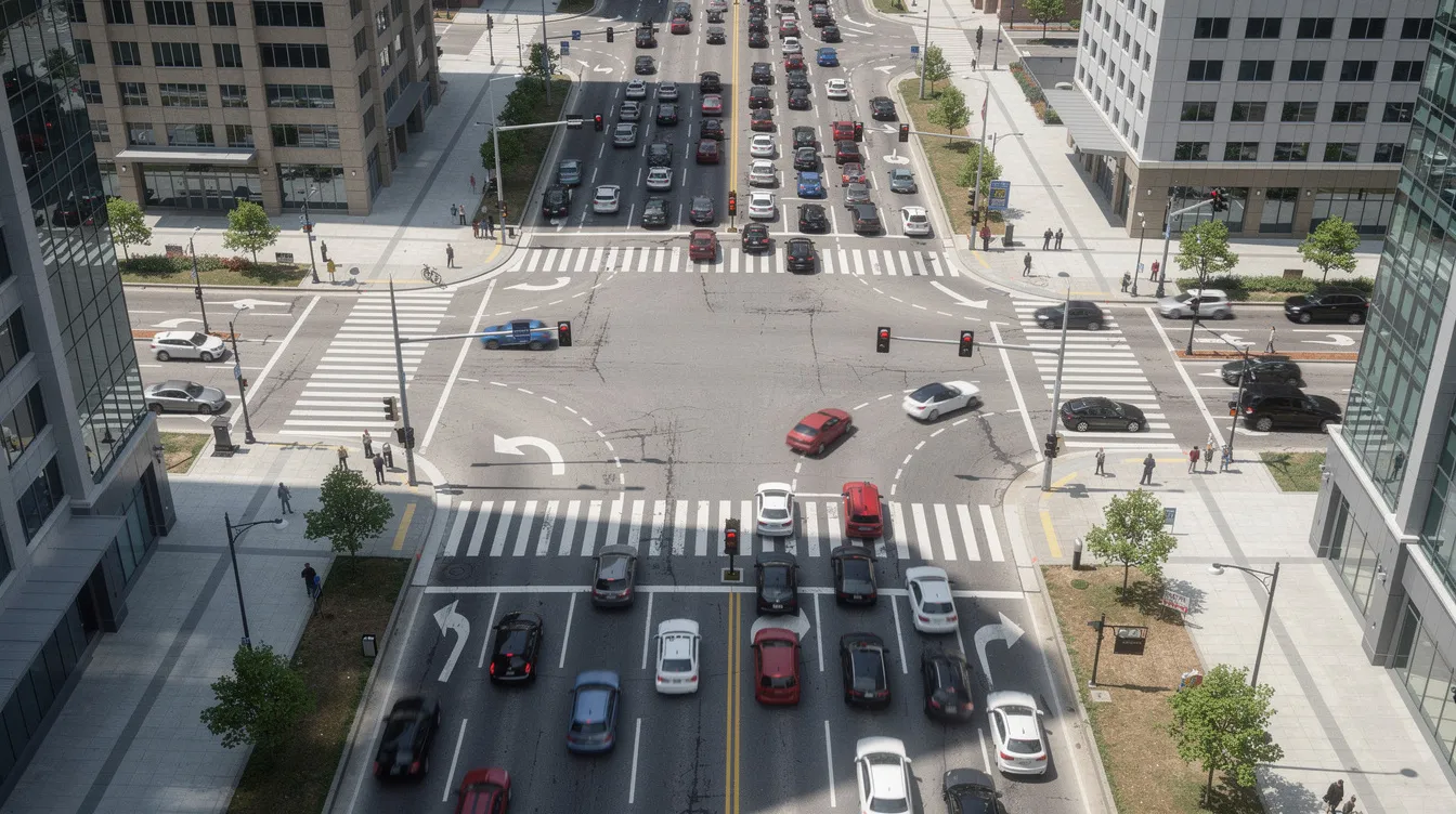 An aerial view captures a busy four-lane intersection in an urban area, where numerous cars are waiting at traffic signals. This scene highlights the flow of traffic, which is crucial for understanding the dynamics of potential car accidents and the importance of traffic camera footage for video evidence in accident claims.