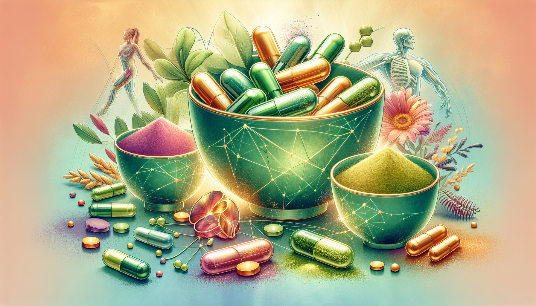 An artistic representation of various supplements that may help reduce osteoarthritis pain, including glucosamine and chondroitin.