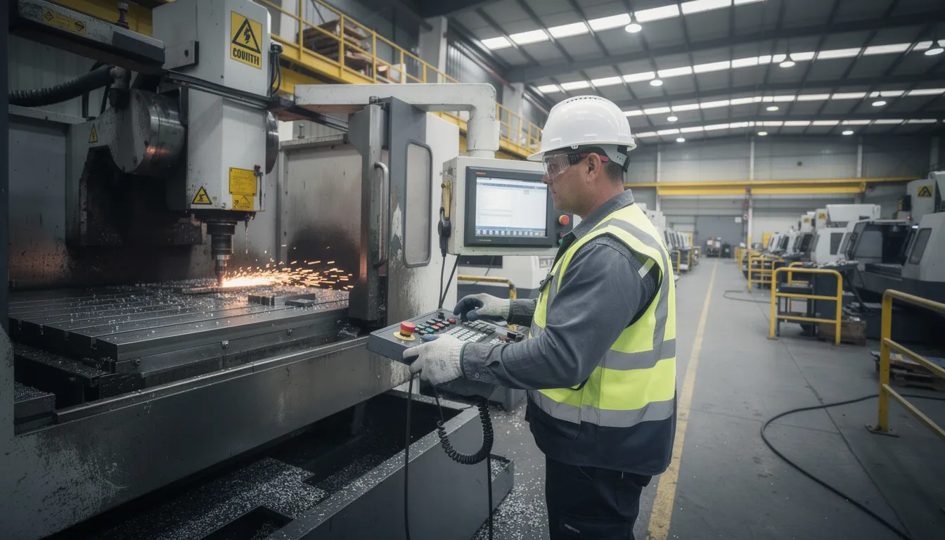 An industrial worker is operating heavy machinery in a factory setting, surrounded by loud equipment and various tools. This environment poses risks for occupational injuries, including repetitive stress injuries, which may lead to workers compensation claims for medical treatment and lost wage benefits.