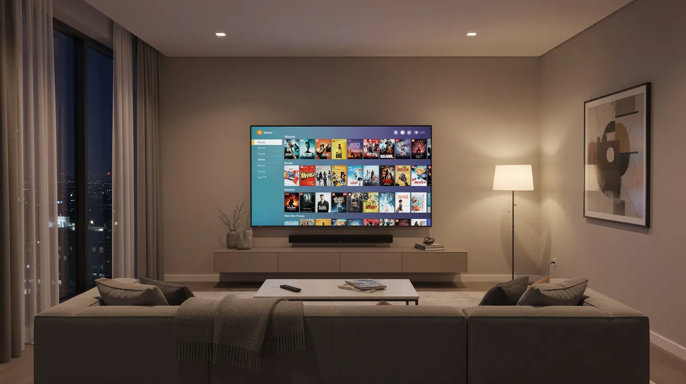 The image depicts a modern living room featuring a large flat-screen television showcasing a vibrant streaming grid filled with movie thumbnails and live channel previews, highlighting the benefits of IPTV services. This setup emphasizes the seamless streaming experience and high-quality content available for viewers, including live TV channels and on-demand entertainment.