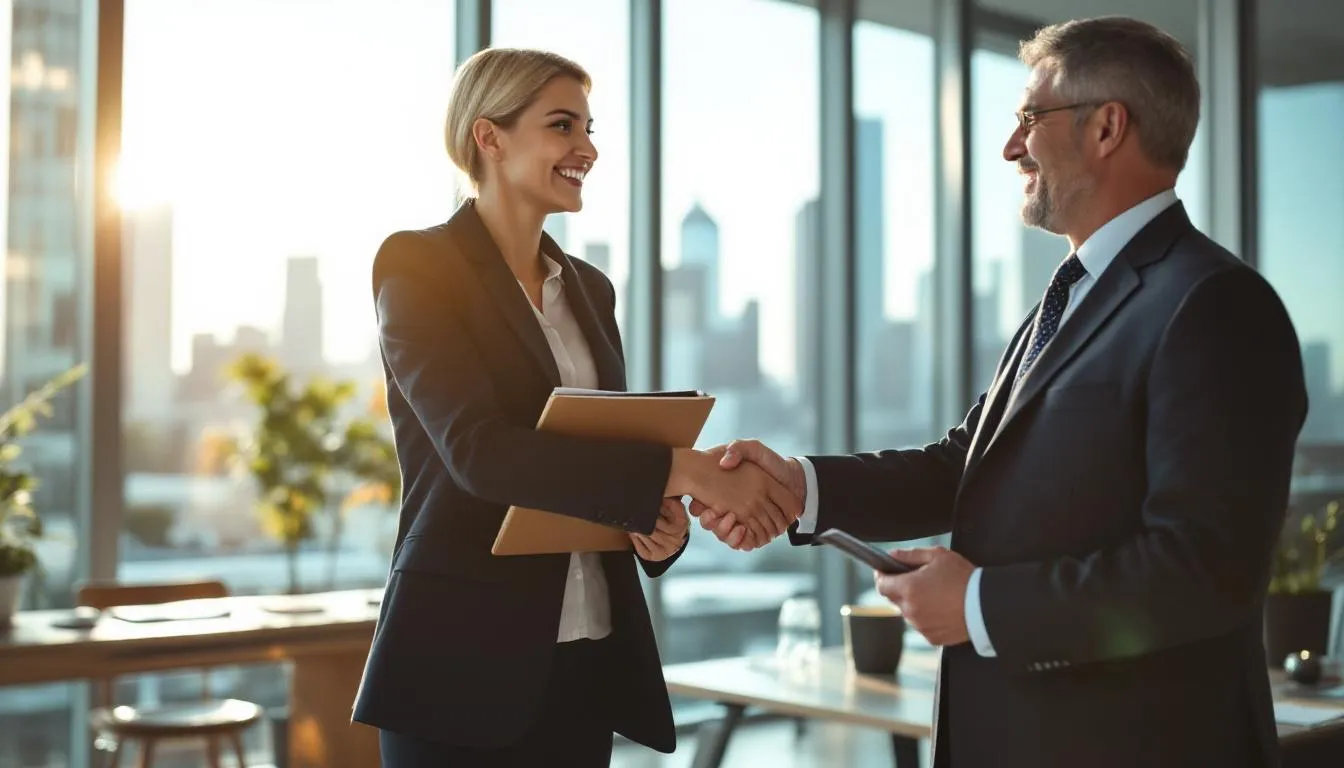 A business owner is shaking hands with a prospective buyer in a professional office setting, symbolizing the successful sale process of a small business. This moment reflects the culmination of due diligence and negotiation, essential steps in selling a business to qualified buyers.