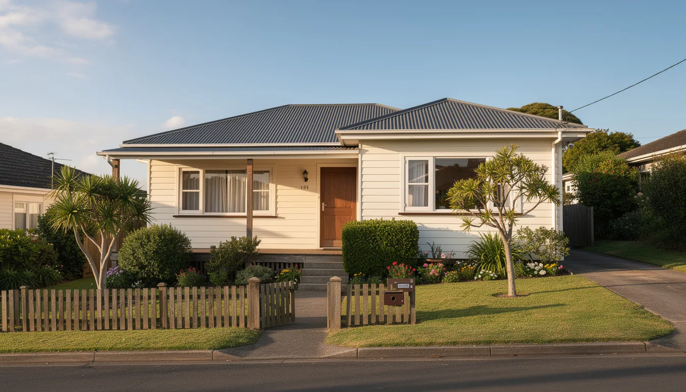 The image depicts a typical 1970s weatherboard house in Auckland, featuring a well-maintained garden with lush greenery and colorful flowers. This residential property exemplifies classic architecture from the era, highlighting the importance of proper maintenance and safety practices, especially regarding potential asbestos materials that may be present in older homes.