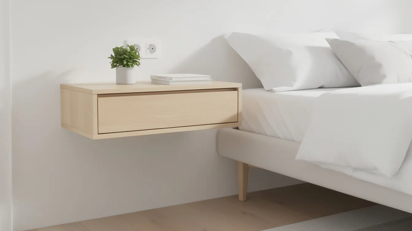 Ett modernt vägghängt sängbord i ljust trä är monterat bredvid en säng med vita lakan, vilket ger en stilren och praktisk förvaringslösning i sovrummet. Sängbordet erbjuder plats för att förvara småsaker och matchar perfekt med inredningen.