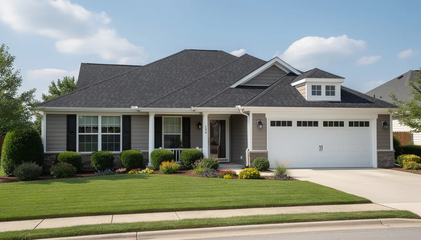 The image depicts a well-maintained residential home featuring a clean roof with intact asphalt shingles and neatly landscaped surroundings. The roof appears to be in good shape, suggesting regular maintenance and no visible signs of roof damage or leaks.