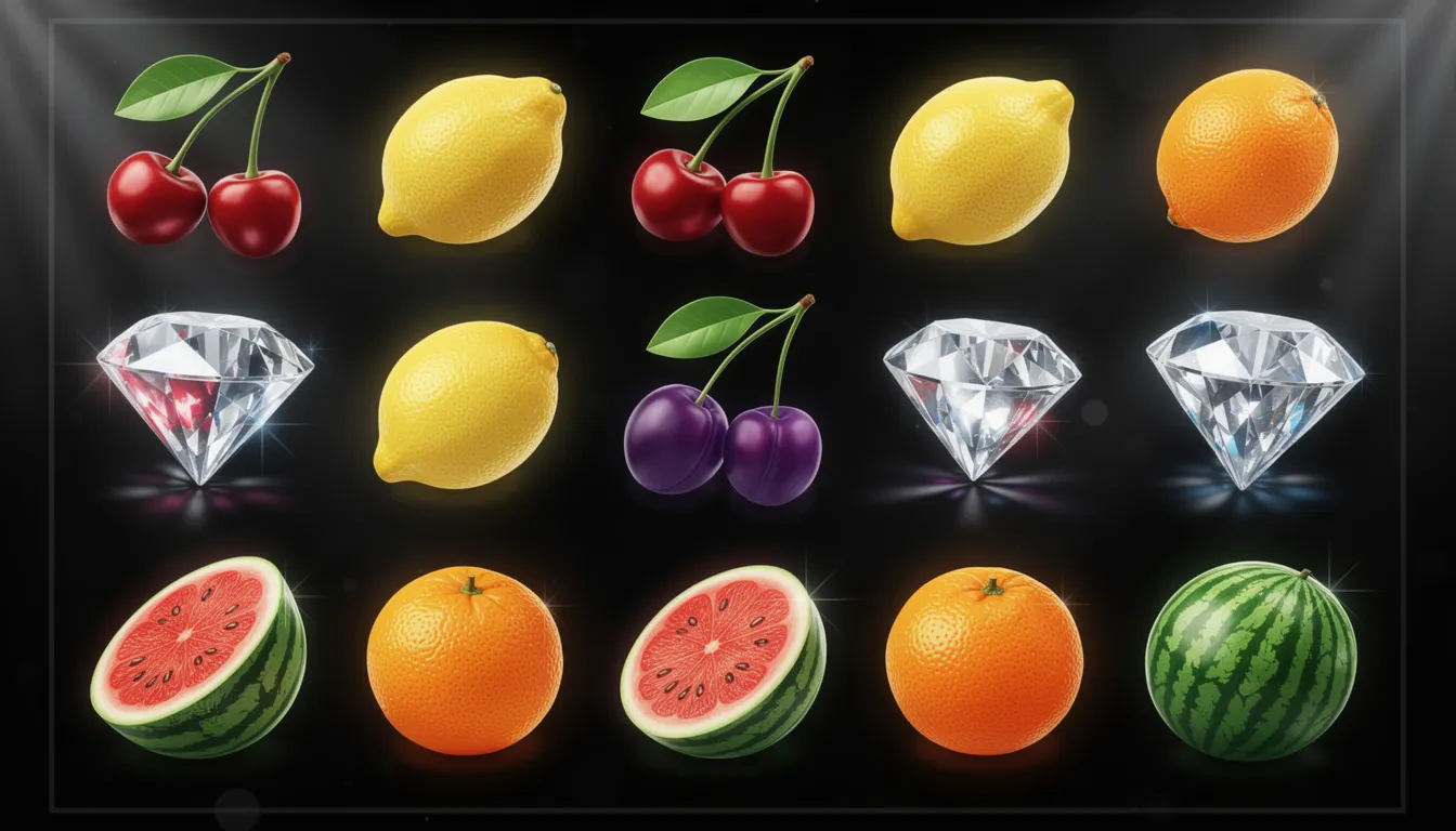 En bild som visar färgglada spelautomatsymboler, inklusive frukter och diamanter, mot en svart bakgrund. Dessa symboler är typiska för casinospel och ger en känsla av spänning och underhållning som man kan uppleva på ett online casino.