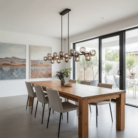 Contemporary linear chandelier with smoked glass globe shades over dining table.