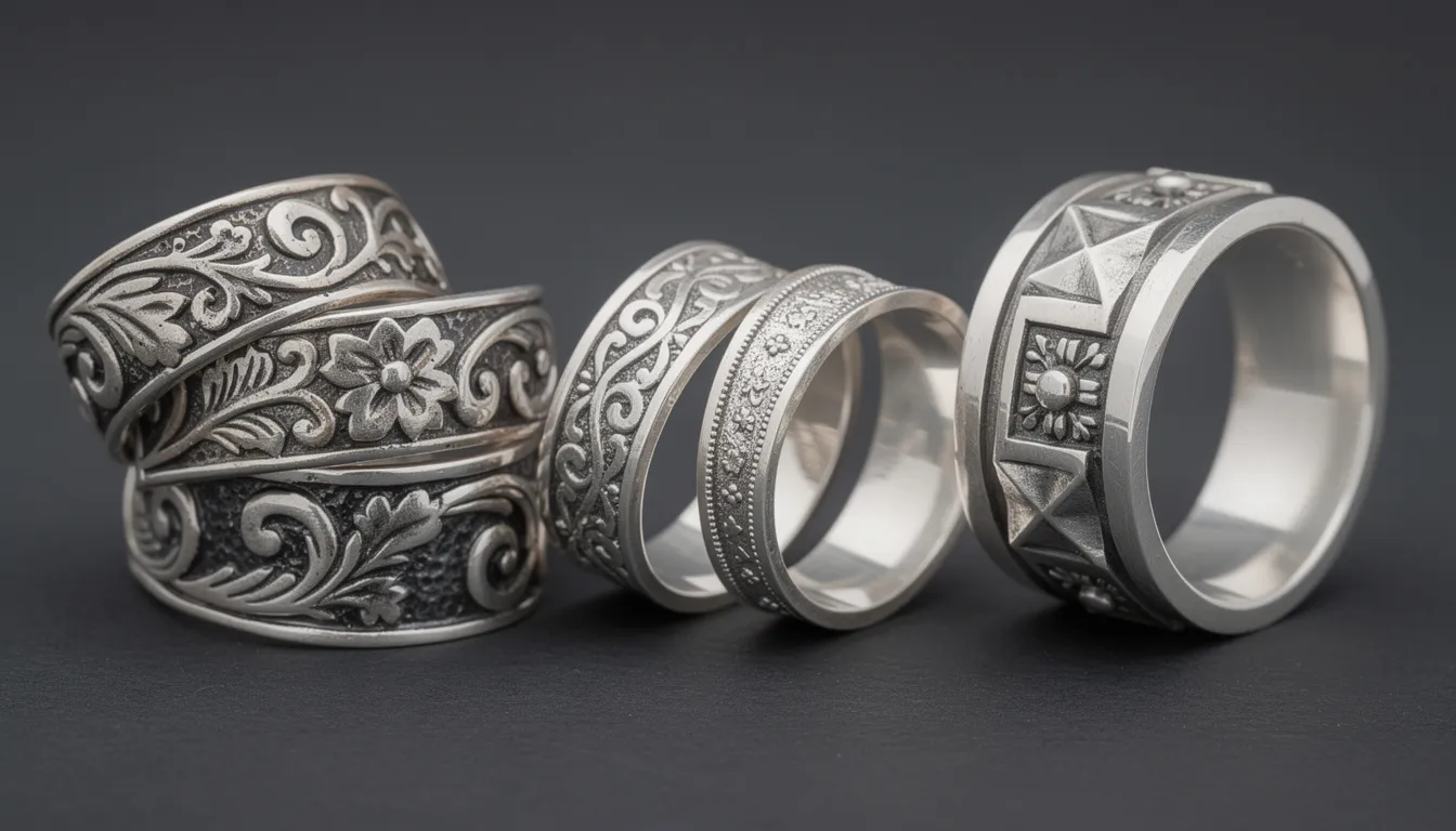 The image showcases an assortment of silver jewelry pieces, including Bali, Thai, and Mexican silver, highlighting various types of silver such as sterling silver, coin silver, and fine silver. Each piece exhibits intricate designs, showcasing the craftsmanship of silver jewelry made from precious metals and silver alloys.