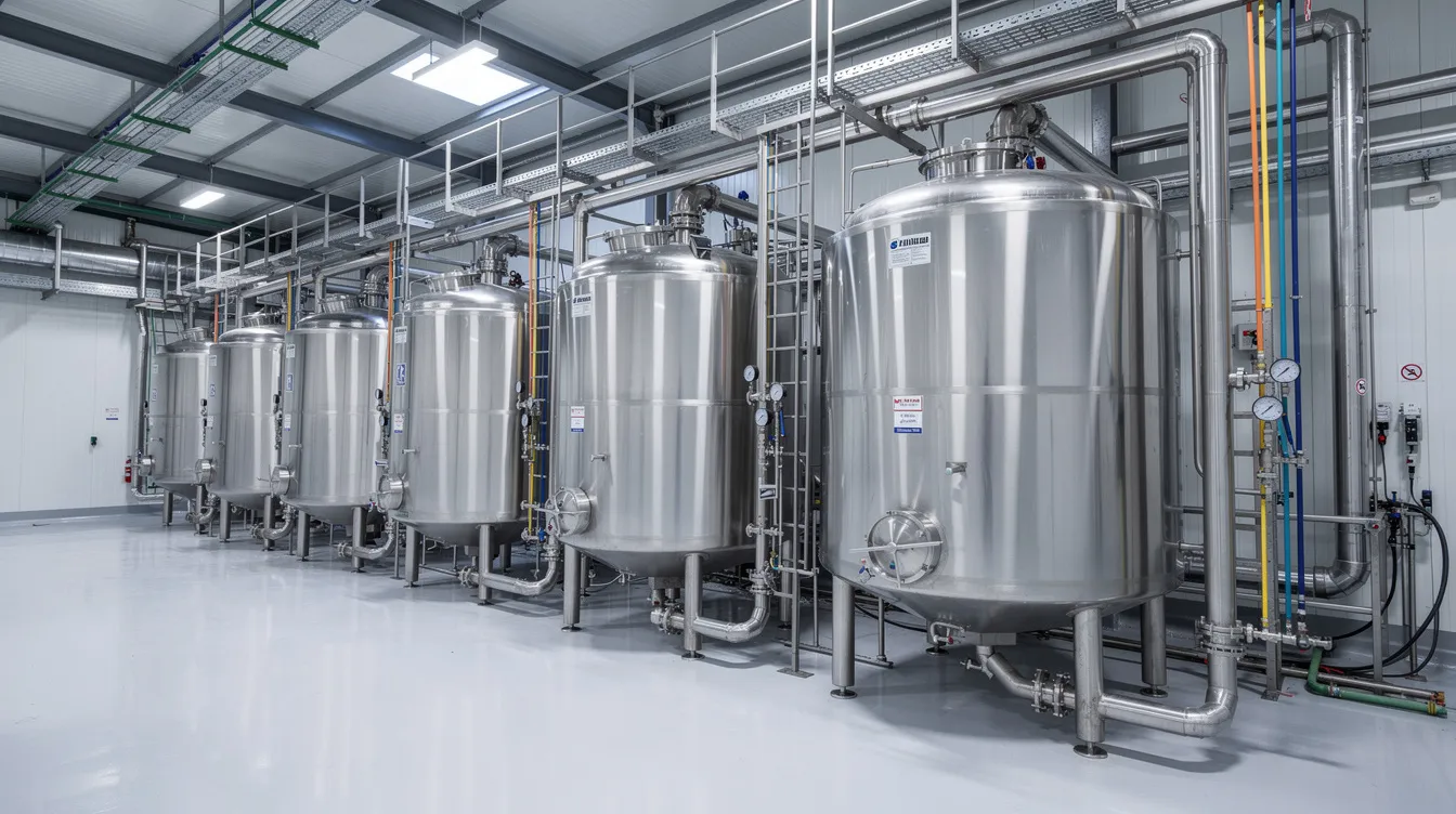 ef24d9b7 3637 40a1 a359 3cfa9205cf3a The image depicts stainless steel milk reception and chilling tanks inside a modern dairy processing facility, showcasing advanced machinery designed for efficient milk processing. This setup is essential for ensuring quality control in the production of dairy products, aligning with industry standards and addressing the rising demand for UHT milk.
