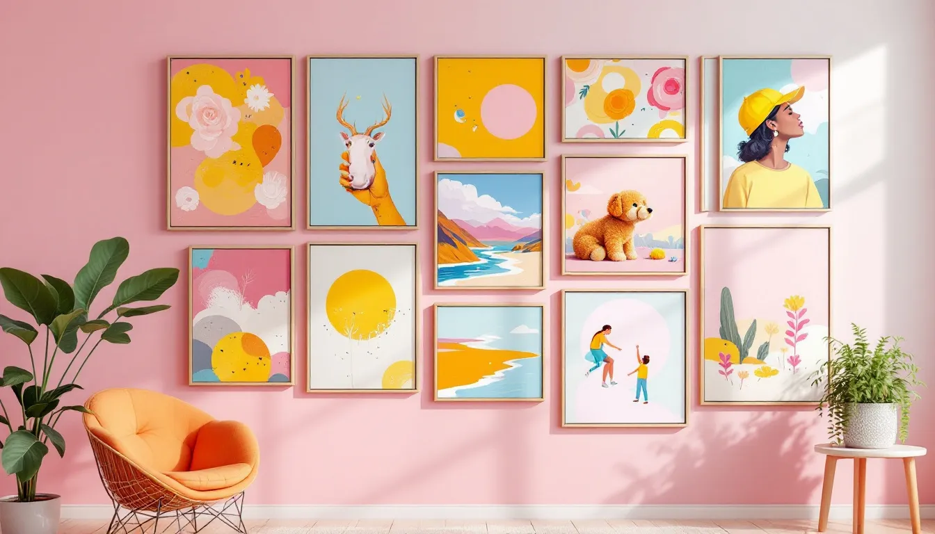 Canvas prints displayed on a gallery wall with framed artwork.