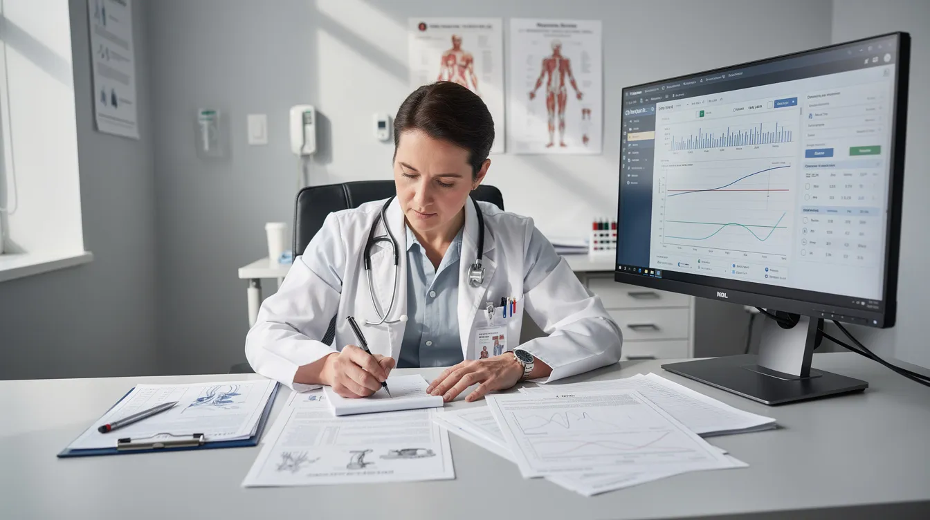 A medical professional is seated at a desk, intently reviewing patient charts and laboratory reports on a computer monitor, highlighting the importance of proper medical records in preventing hospital acquired infections and ensuring patient safety. The scene reflects the critical role of healthcare providers in managing healthcare associated infections and maintaining infection control protocols.