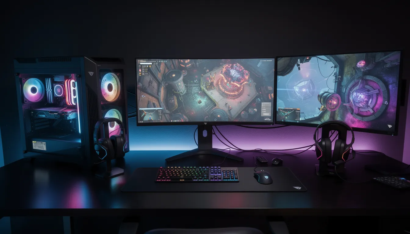 Bilden visar en professionell gamingsetup med flera skärmar och RGB-belysning i ett mörkt rum, vilket skapar en intensiv och fokuserad atmosfär för spelande, perfekt för e-sport och live betting hos betway. Den imponerande utrustningen ger en känsla av att vara mitt i actionen, oavsett om man spelar slots eller deltar i en turnering.