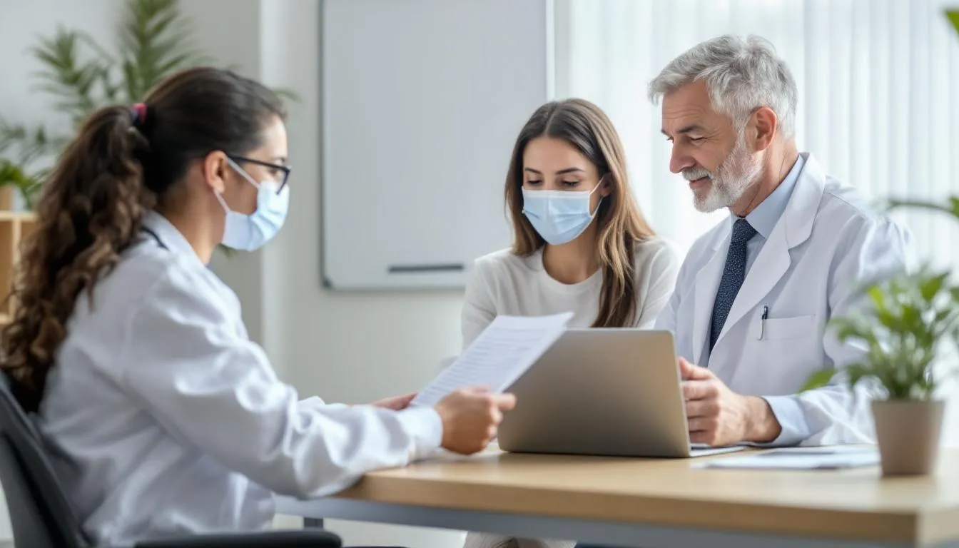 A doctor is consulting with a patient in a health office about the potential benefits of magnesium supplements for improving sleep quality and addressing magnesium deficiency. They discuss options like magnesium glycinate and its calming properties to help with sleep disorders and muscle tension.
