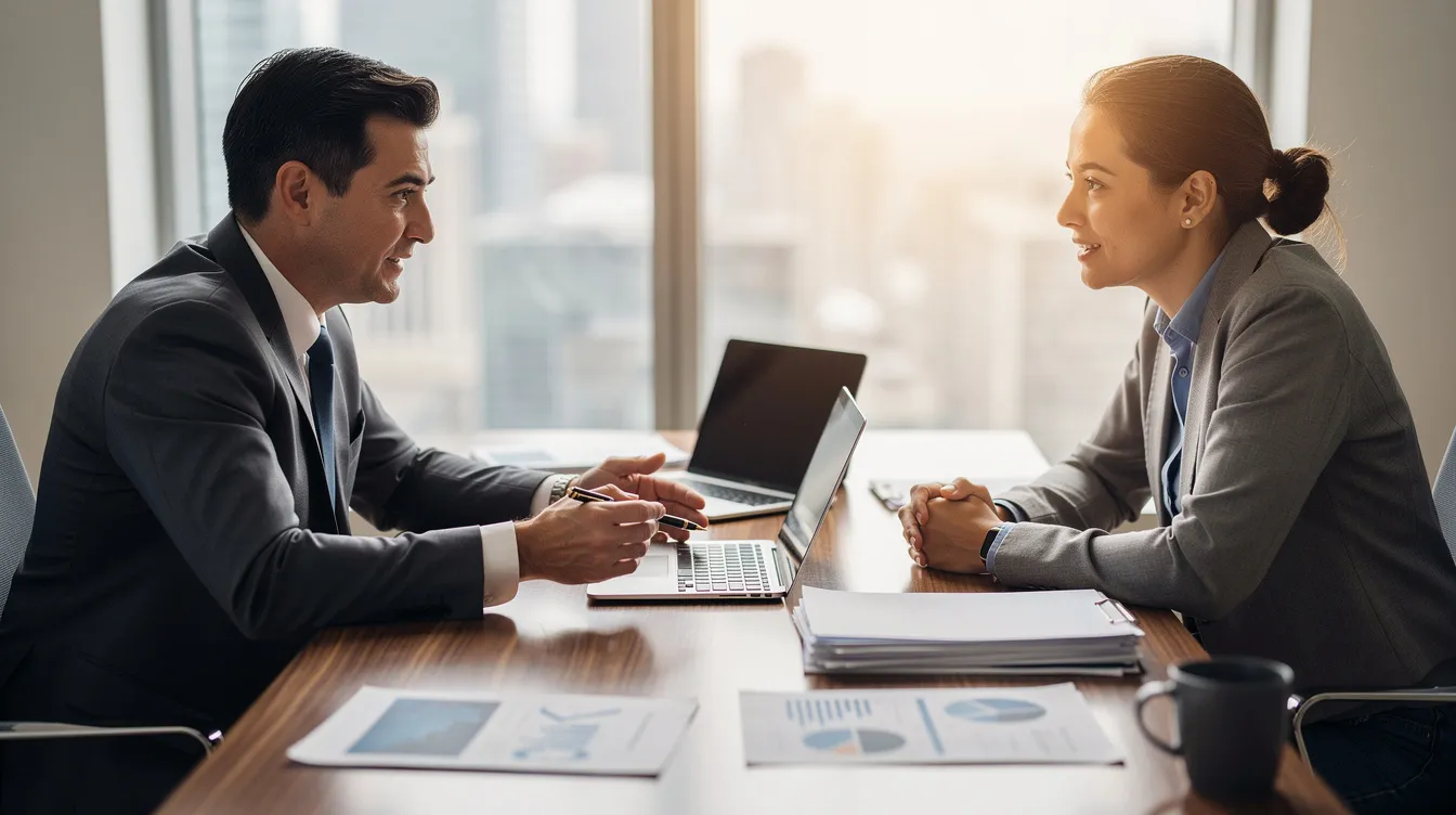 The image depicts a financial advisor sitting across a desk from a client, discussing various financial topics such as retirement accounts and tax implications. The advisor is likely explaining strategies related to IRAs, including the importance of naming an IRA beneficiary and understanding required minimum distributions (RMDs) to optimize the client's financial planning.