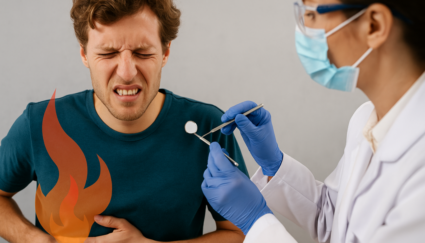 Mann med magesmerter i midten av magen undersøkes av tannlege, symbolsk kobling mellom syre og tannhelse.