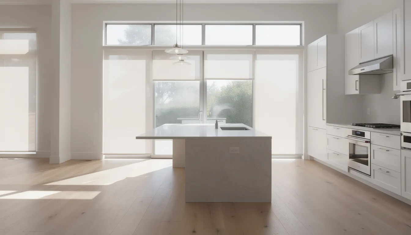 The image depicts a modern open-plan kitchen featuring high transom windows above a sliding glass door, allowing natural light to filter through stylish motorized shades. These motorized window coverings offer convenience and energy efficiency, making them a perfect solution for hard-to-reach windows in a contemporary home.