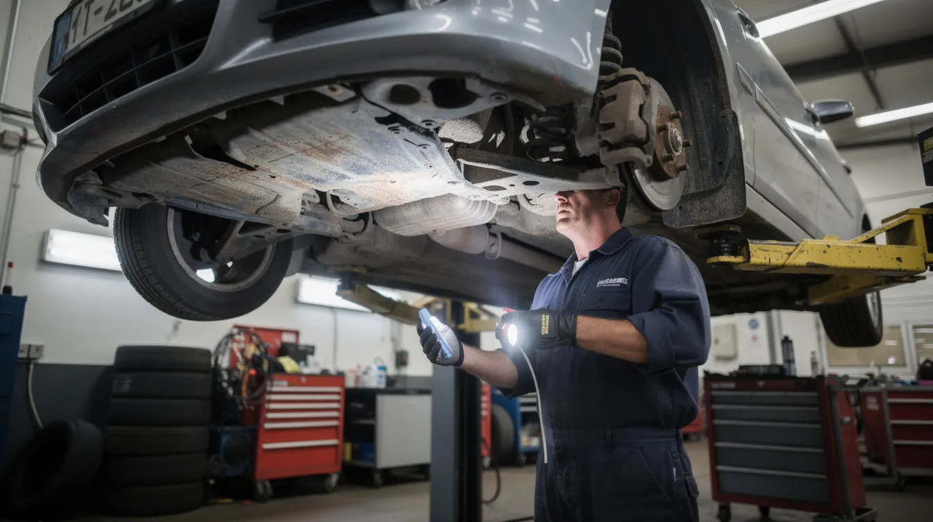 A mechanic is inspecting the undercarriage of a used car on a lift, ensuring the vehicle's condition is suitable for potential buyers. This inspection is crucial for anyone looking to buy a used car, as it helps assess the vehicle's history and performance before making a purchase.