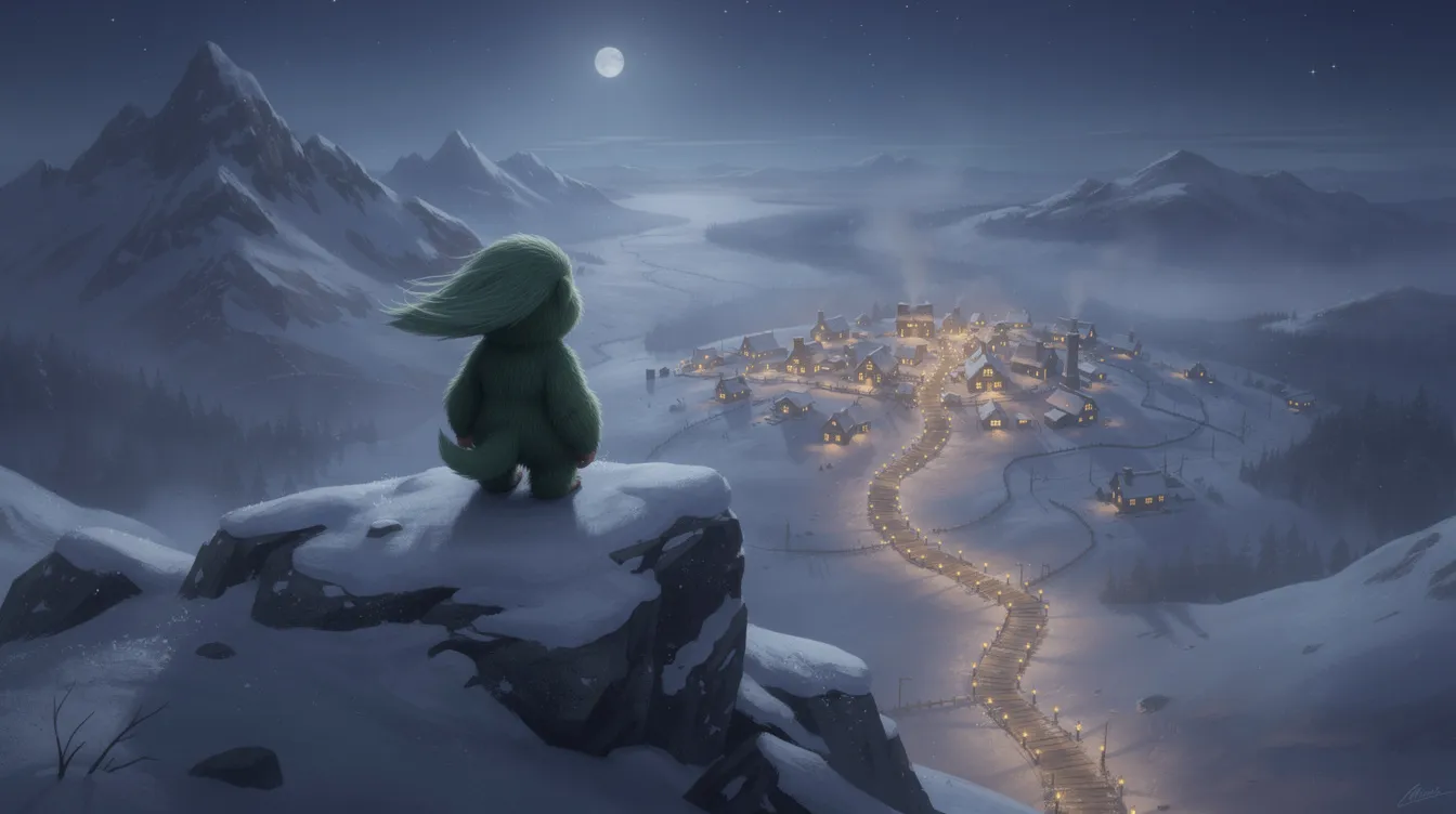 Ein grünes, pelziges Wesen, das an den Grinch erinnert, steht allein auf einem verschneiten Berggipfel und blickt auf ein beleuchtetes Dorf im Tal, während die Weihnachtszeit näher rückt. Die Szene vermittelt ein Gefühl von Einsamkeit und Staunen inmitten der winterlichen Landschaft.