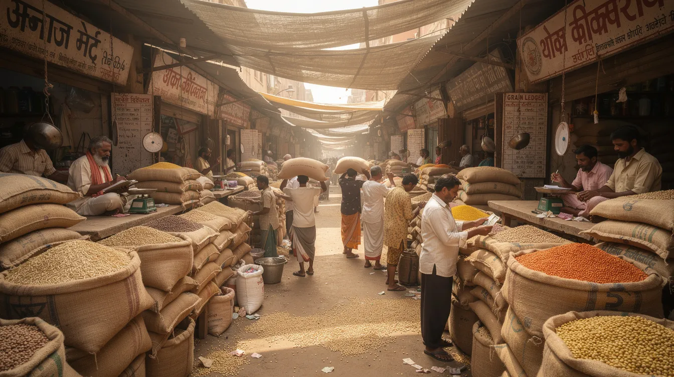 The image depicts a bustling Indian wholesale grain market filled with large sacks of various grains, including flattened rice and paddy, while traders engage in lively discussions about pricing and supply. This vibrant scene reflects the dynamics of the poha manufacturing business, showcasing the raw materials and market demand essential for the production of nutritious rice flakes and instant poha.