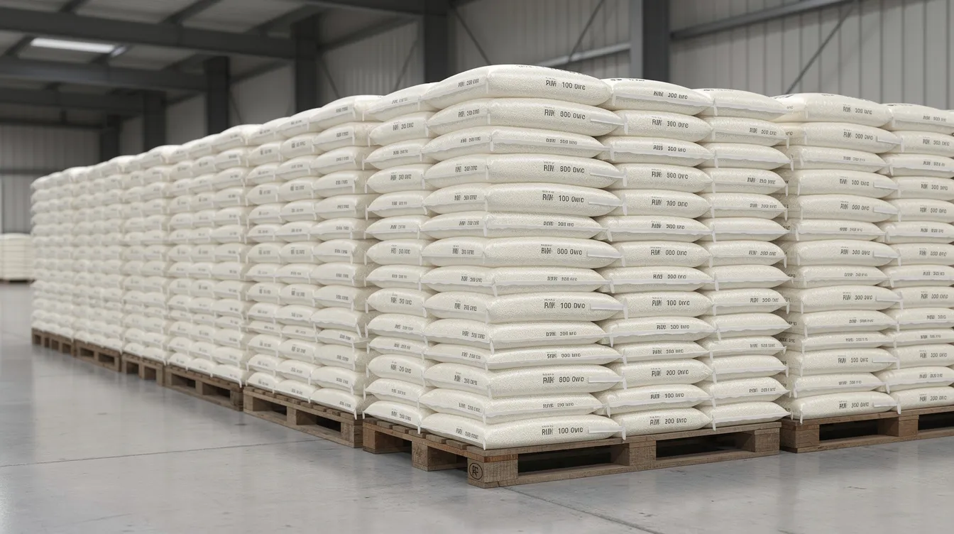 The image shows neatly stacked bags of white rice in a spacious warehouse, highlighting the organized storage essential for a successful rice mill business. This setup reflects the importance of efficient storage and distribution in meeting market demand and optimizing operational costs in the rice milling industry.