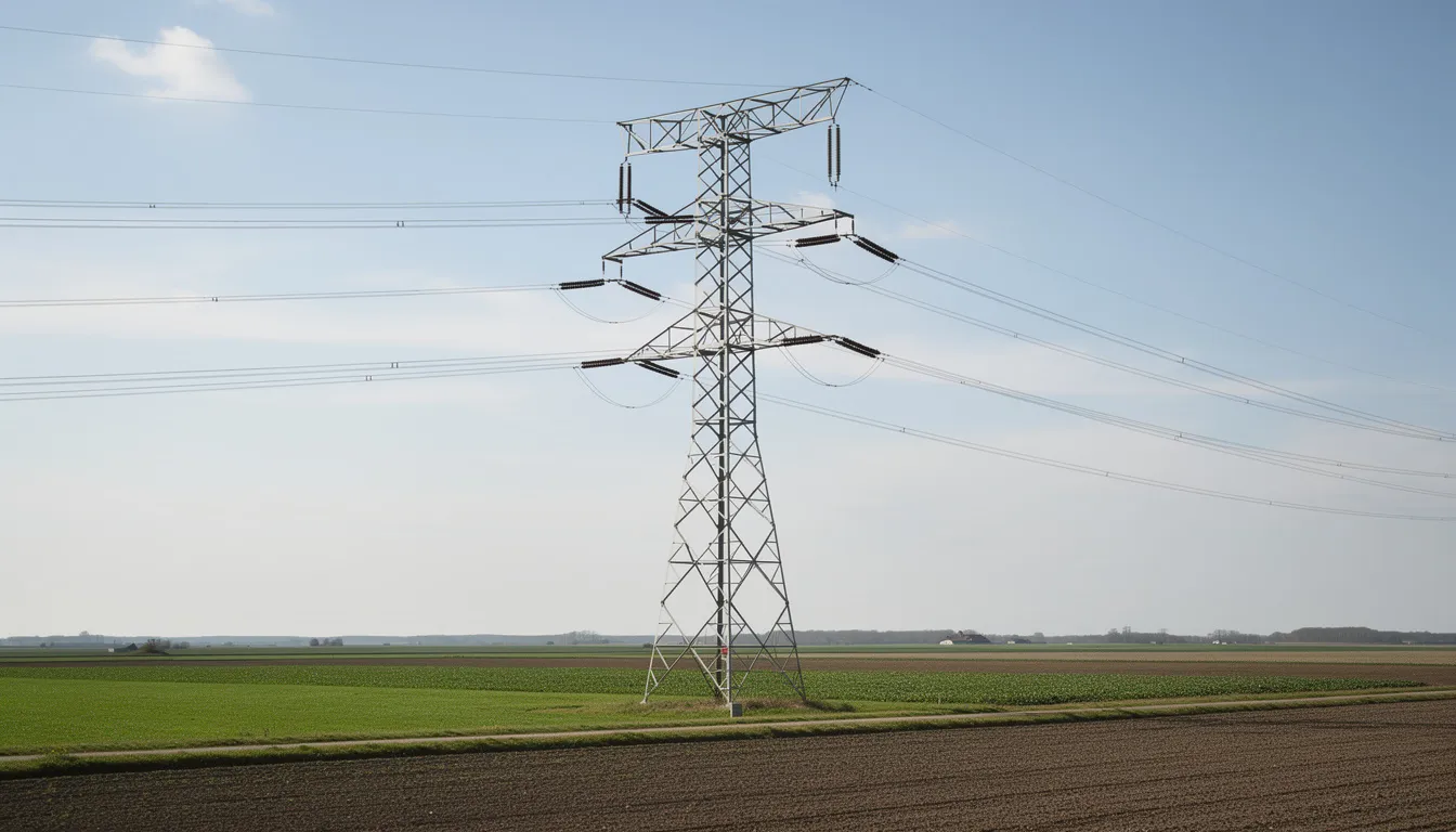 Industrial Electricity Cost per kWh in Kapiti (2026 Guide) 3 A tall high voltage electrical transmission tower stands prominently against a clear blue sky, with expansive farmland stretching out in the background. The scene highlights the infrastructure essential for delivering electricity, connecting rural areas to the national grid and impacting domestic electricity prices for residential customers.