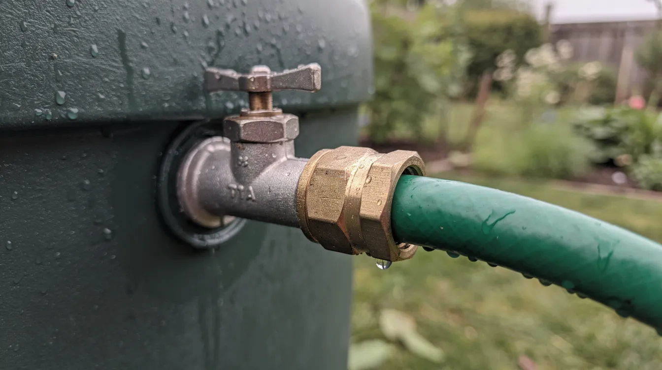 A close-up view of a rain barrel spigot with a garden hose attachment, showcasing the mechanism used for rainwater collection and irrigation. The spigot allows for easy access to collected rainwater, which can be utilized for outdoor irrigation in gardens and lawns.