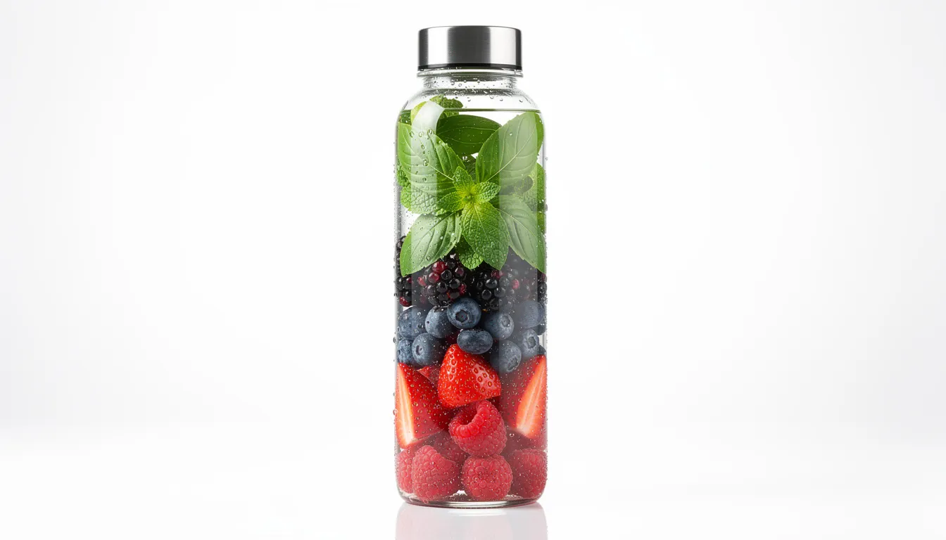 A clear glass water bottle showcases vibrant layers of berries and herbs, emphasizing the benefits of glass water bottles as a stylish and sustainable choice for hydration. Unlike plastic bottles, this reusable glass water bottle promotes a healthier drinking experience without harmful chemicals.
