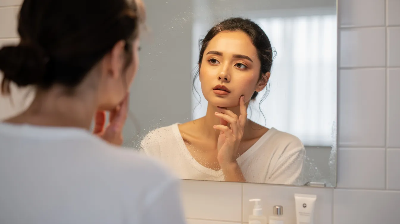 Une femme se regarde dans le miroir de la salle de bain, touchant délicatement sa mâchoire, peut-être en observant des imperfections sur son visage liées à l'acné hormonale. Cette scène évoque une routine de soins de la peau, où elle pourrait réfléchir aux effets des fluctuations hormonales sur sa peau, notamment pendant son cycle menstruel.