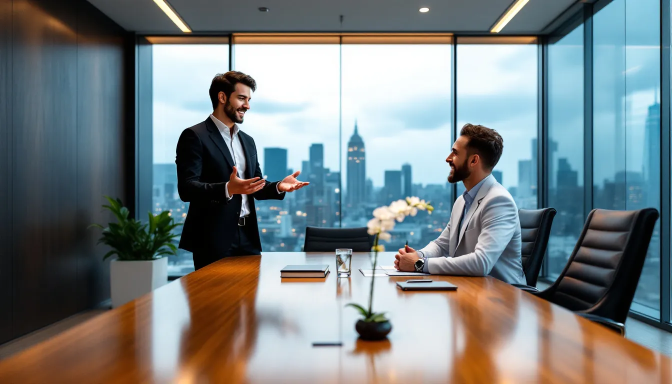 A professional corporate photographer discussing a photoshoot plan with a client.