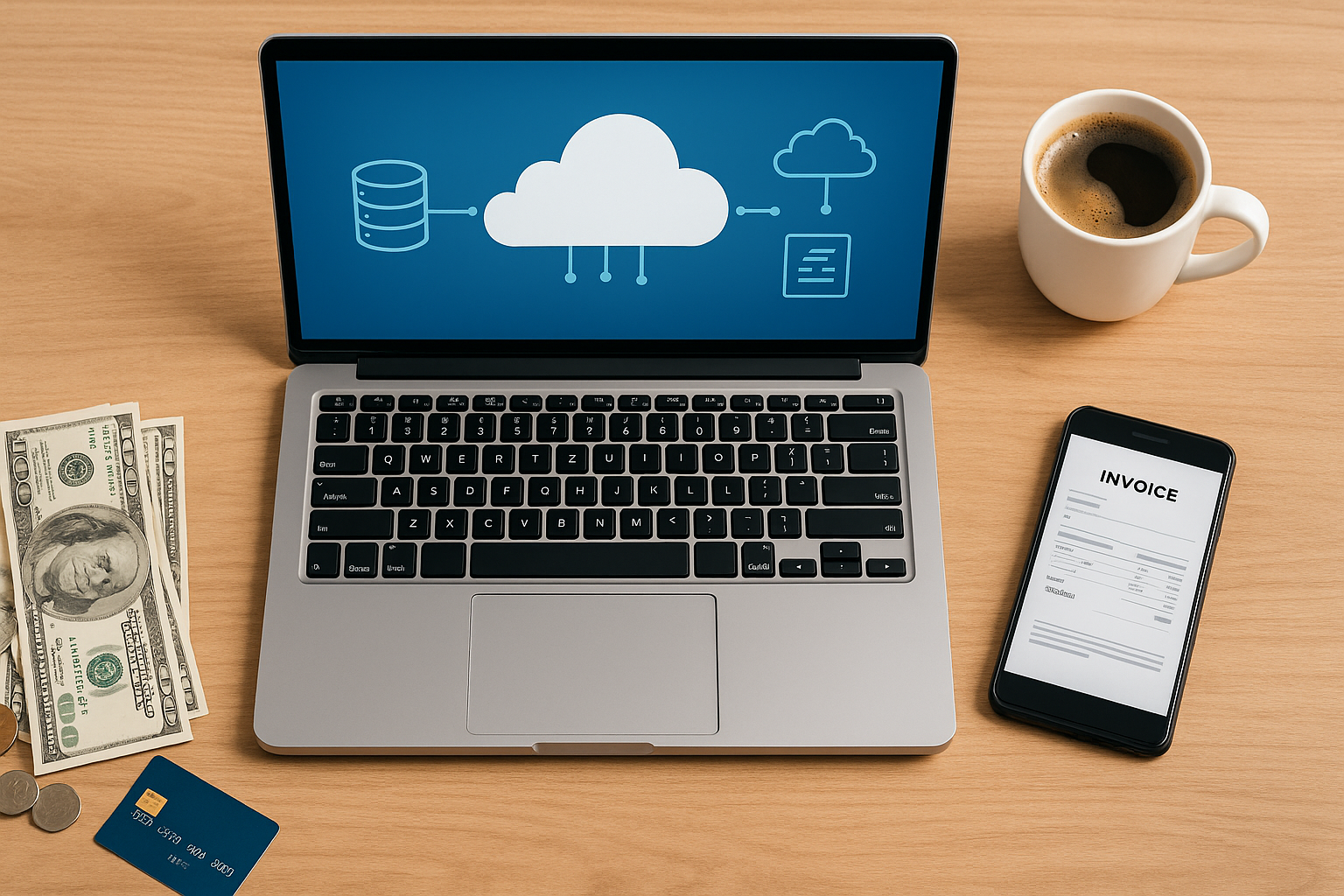Overhead view of a laptop with cloud icons, smartphone invoice, and calculator representing cloud cost optimization to reduce cloud costs and manage cloud budgets.