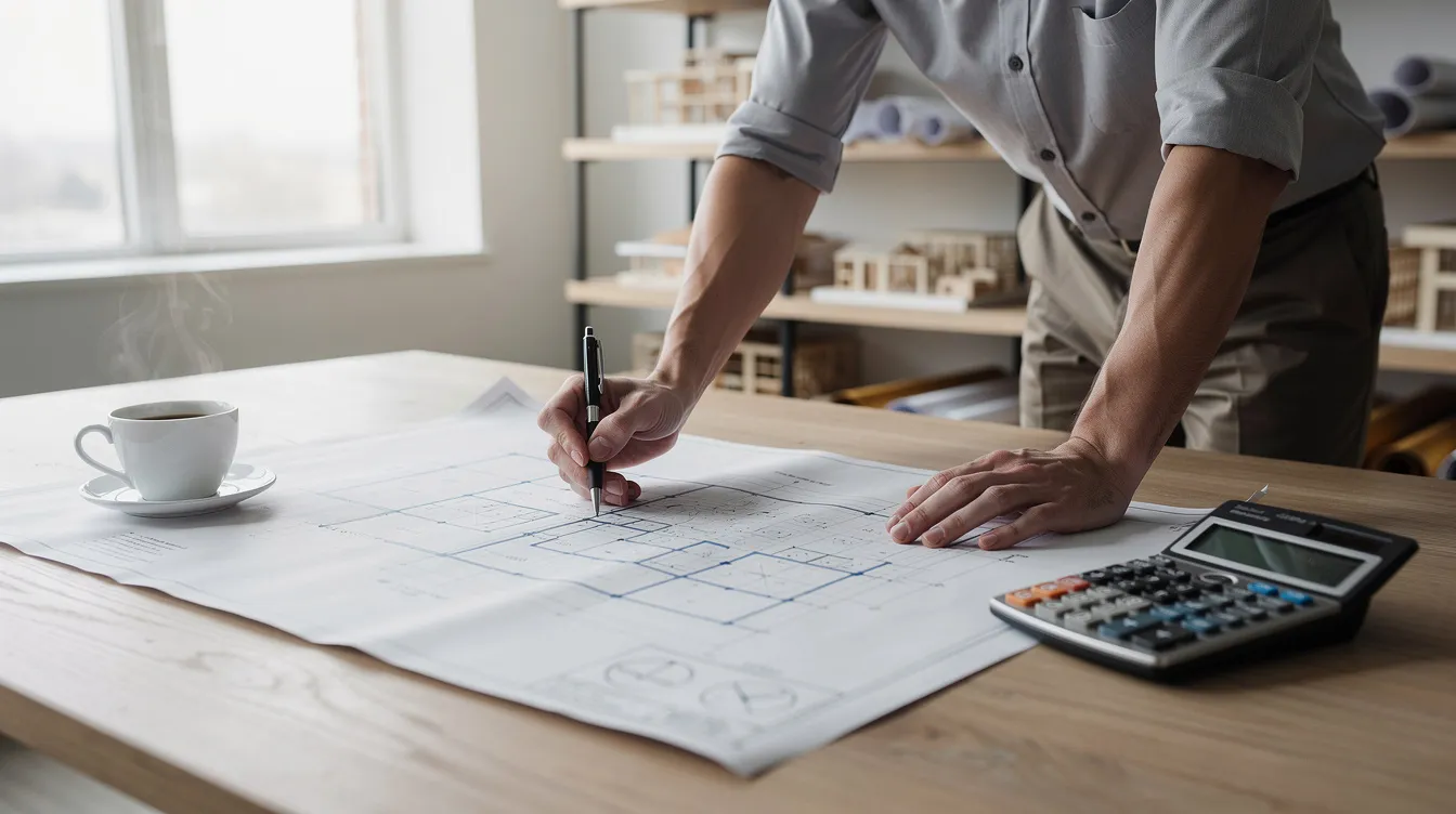 A person is reviewing detailed architectural blueprints spread across a table, with a calculator and a coffee cup nearby, suggesting a focus on real estate financing and investment strategies. This scene captures the essence of assessing risk and planning for various financing sources in a commercial real estate project.