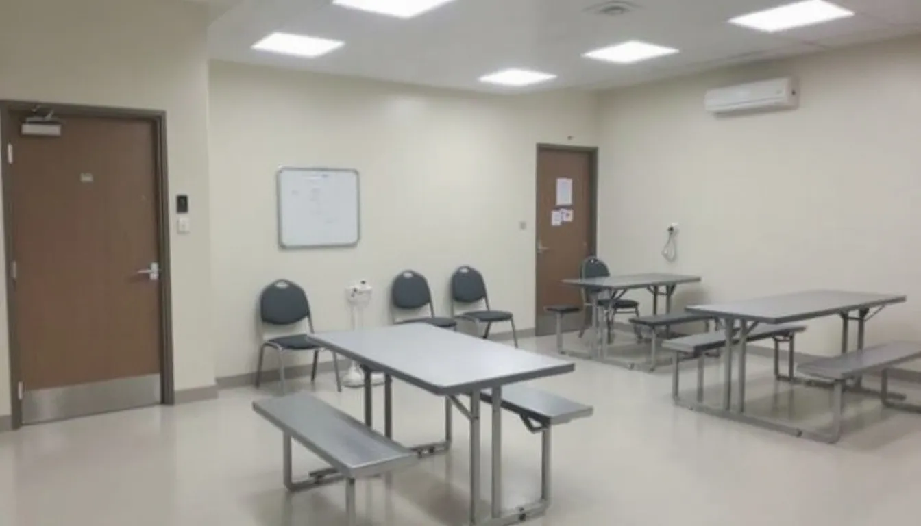 The image depicts the interior of an anti-vandal welfare facility featuring modular buildings with tables and seating arranged for customers. The space is designed to meet various requirements, providing a functional environment for meetings and social interactions.