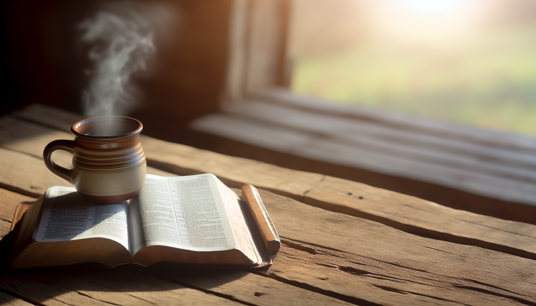 Open Bible with a cup of coffee on a table