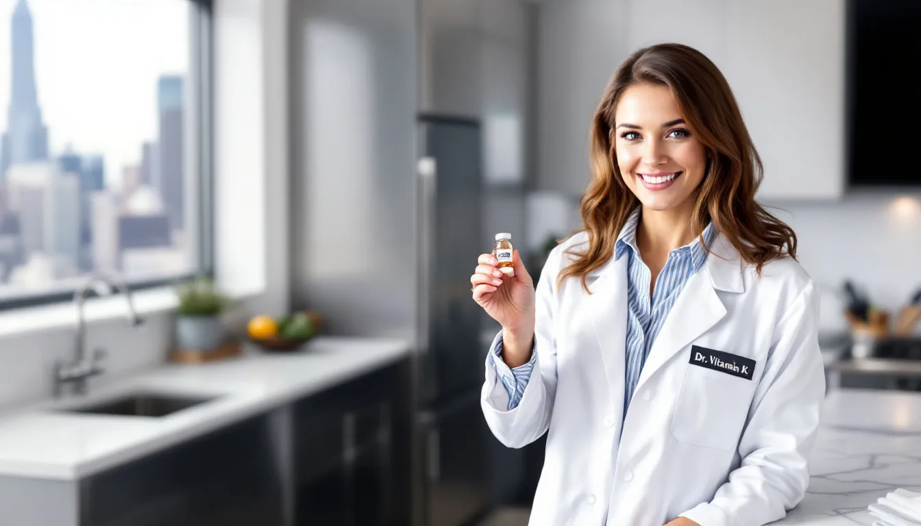 The image features a variety of foods rich in vitamin K, including green leafy vegetables like kale and spinach, which are essential for supporting bone health and helping the body absorb calcium. These foods contribute to strong bones and overall bone density, making them a vital part of a balanced diet.